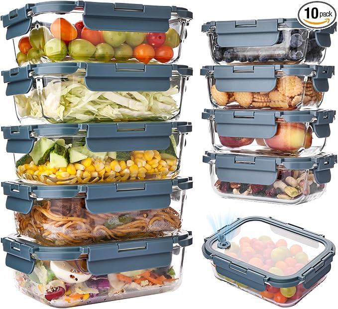 Liuruiyu 10 Pack Glass Food Storage Containers with Glass Lids, Airtight Meal Prep Containers, Leak-Proof Bento Boxes for Microwave, Oven, Freezer & Dishwasher, BPA-Free by Liuruiyu