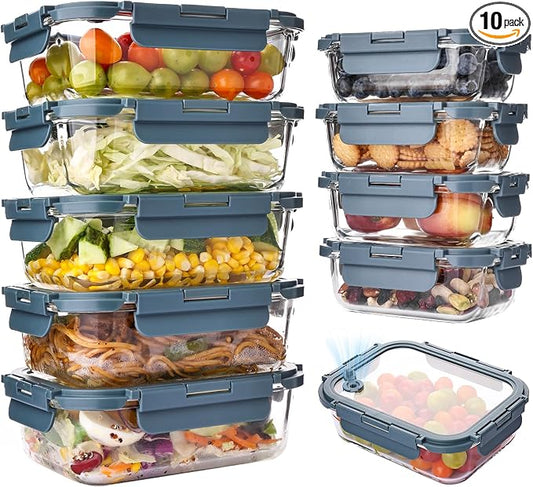 Liuruiyu 10 Pack Glass Food Storage Containers with Glass Lids, Airtight Meal Prep Containers, Leak-Proof Bento Boxes for Microwave, Oven, Freezer & Dishwasher, BPA-Free by Liuruiyu