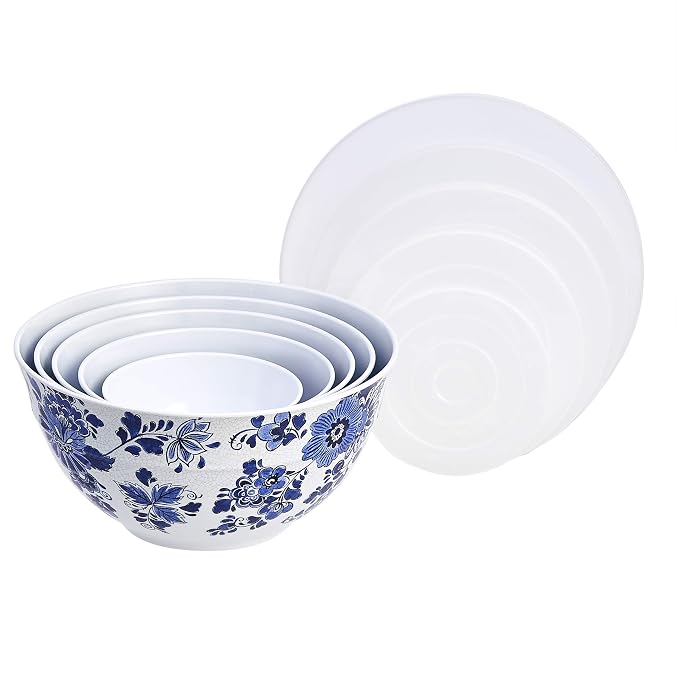 Amazon Basics Mixing Bowls with Lids, Nesting Melamine Serving Bowls, Non-Slip Base, BPA Free, Dishwasher Safe, 5 Sizes, Blue and White Floral, Set of 10 - Image 2
