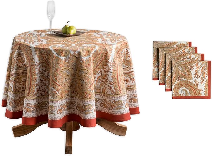 Maison d' Hermine Kashmir Paisley Bundle Set 100% Cotton Tablecloth (69 Inch Diameter) and Set of 4 Napkins (20 Inch by 20 Inch) by MaisondHermine