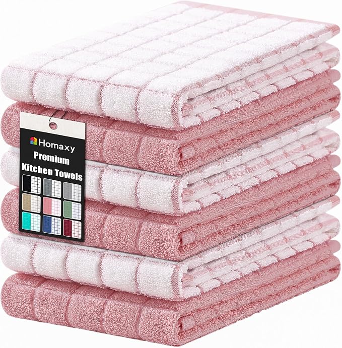 Homaxy Large Premium Cotton Kitchen Towels 16"x 28", 6 Pack, Rose | Natural Ring Spun 390 GSM Dish Towels, Super Absorbent Terry Kitchen Hand Towels, Soft Tea Towels with Hanging Loop by Homaxy