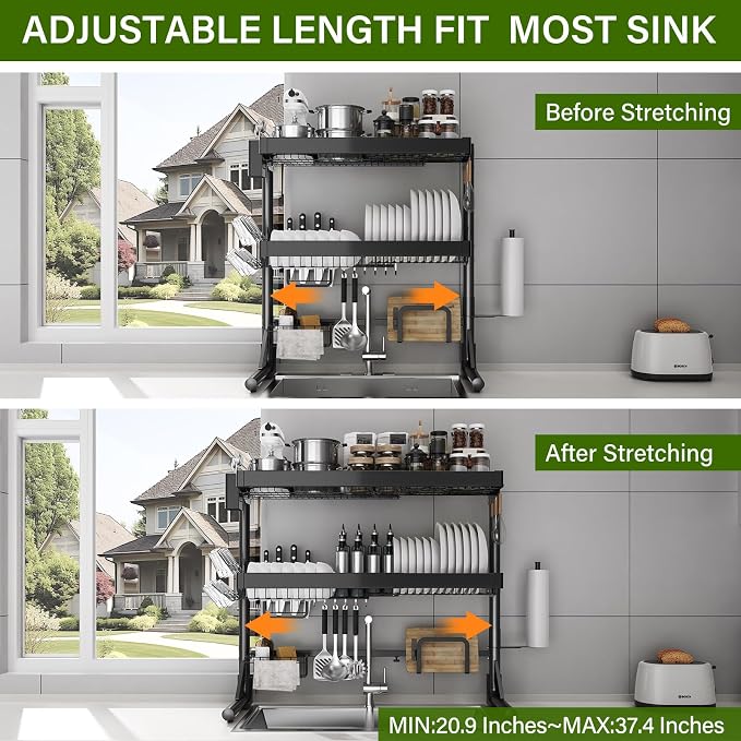 Over Sink Dish Drying Rack, 3-Tier Full Stainless Steel Drainer Dish Rack Adjustable 20.9''-37.4'', Expandable Multifunctional Kitchen Organizer - Image 3