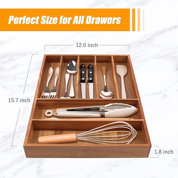 Bamboo Silverware Organizer, 12"x15.7" Utensil Holder Cutlery Tray with Grooved Drawer Dividers for Kitchen Flatware, Bedroom, Office (7 Slot, Acacia) - Image 3