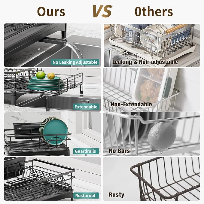 Large Dish Drying Rack - Expandable Dish drainers for Kitchen Counter,Over The Sink Dish Drainer Drying Rack,Rustproof Dish Drainer with Utensil Holder and Drainboard - Image 7