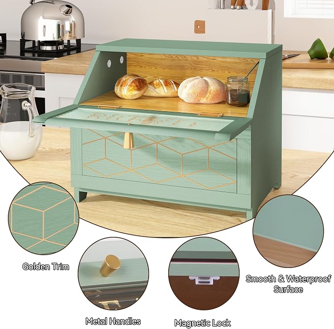 HOLTICO Double Layer Bread Box with Golden Trim for Kitchen Countertop | Wooden Bread Container for Kitchen Counter, Large Capacity Bread Keeper, Farmhouse Food Organizer with Glass Window - Image 4