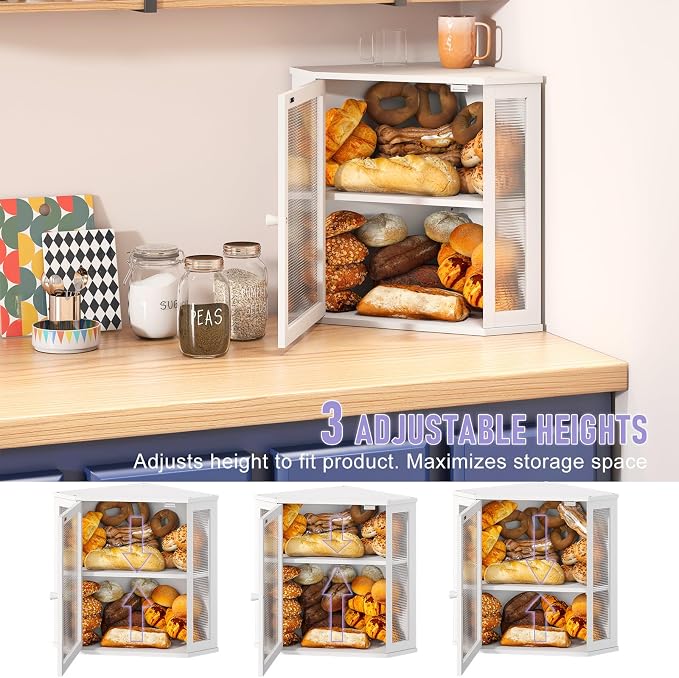 Corner Bread Box for Kitchen Countertop, Farmhouse Style with Acrylic Wavy Door Panel White Counter Bread boxes, Extra Large Food Storage Container - Image 5