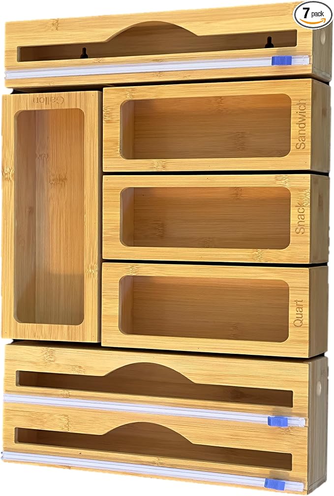 Incredinest Bamboo Drawer Organizer Bag Holder – Modular Design Zip Lock Bag Organizer Plastic Wrap Dispenser with Cutter – Baggie Organizer for Drawer with Single and Double Wrap Dispenser by Unknown