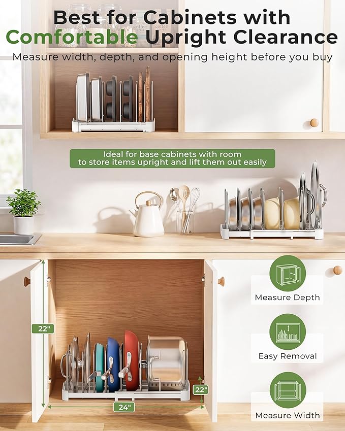 EVERIE Adjustable Cabinet Organizer for Pot Lids, Bakeware, Cookie Sheets & Cutting Boards, Upright Storage Rack for Kitchen Cabinet, Stable Dividers, 9.7" Deep, 12.6" to 21.5" Wide, GS02SS | 5mm Steel Dividers, Anti-Wobble, M-Slot for Lid Handles, BPA... - Image 5