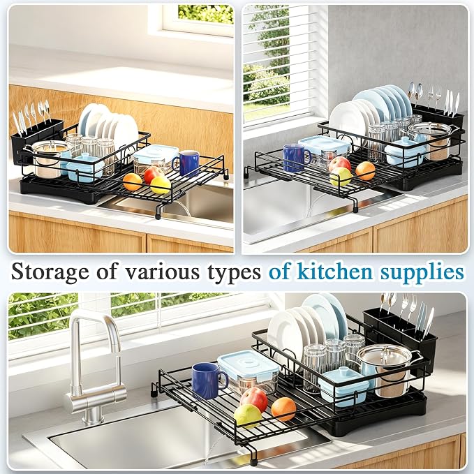 Expandable Dish Drying Rack for Kitchen Counter, Large Capacity Dish Rack with 360° Rotatable Drain Spout & Utensil Holder, Stainless Steel Dish Drainer for Kitchen Sink, Black - Image 3