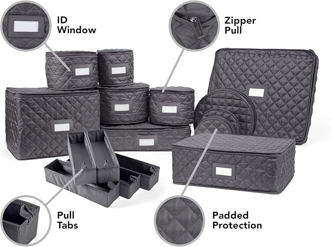 Covermates Keepsakes Dish Storage Set – Padded China & Dinnerware Storage Cases with Dividers, Cup & Stemware Storage, Quilted Polyester Protection, ID Window, Slate - Image 2