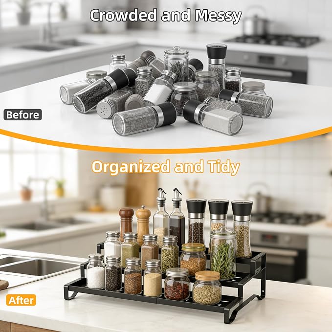 2 Pack Spice Rack Organizer for Cabinet, 13-21.5" Expandable Spicy Shelf | 9.45" Depth 3-Tier Black Metal Seasoning Organizer, Kitchen Spice Organization, Slip-Resistant Guardrails for Jars and Cans - Image 4