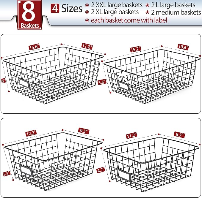 8 Set, Extra Large Wire Baskets for Organizing with Lables, Cabinet Pantry Organization and Storage Bins - Metal Basket for Kitchen, Laundry, Garage, Fridge, Bathroom Countertop Organizer, Black - Image 2