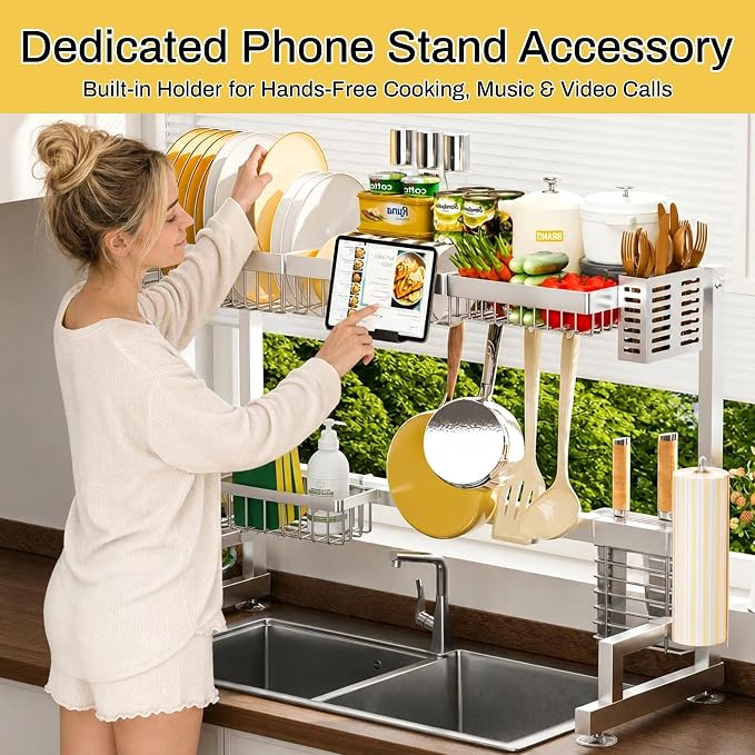ADBIU Luxurious 304 Stainless Steel Over Sink Dish Drying Rack (Suitable for Sink Length 24.6"- 36.2") Snap-On Design 2 Tier Large Kitchen Dish Rack Stainless Steel Counter Organization and Storage - Image 6