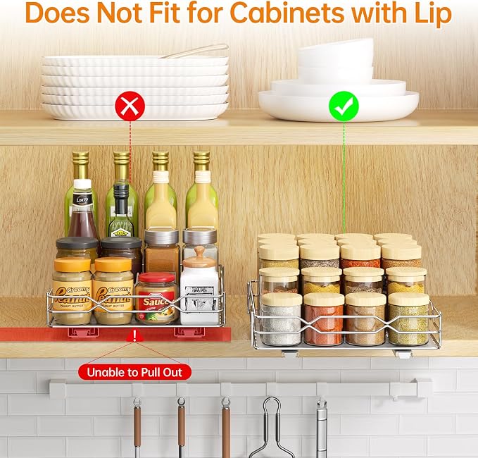 Pull Out Spice Rack Organizer for Cabinet, Chrome, 8.5"W x 10.5"D x 2.5"H | Slide Out Design, No Drill Asembly, Fits Spices, Bottles & Jars, Ideal For Narrow Kitchen Cabinets & Pantry - Image 4