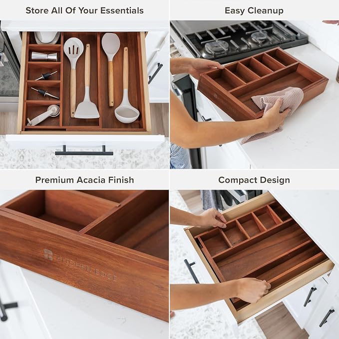 Utensil & Junk Drawer Organizer, 10.5-18.5 in, Acacia | Food-safe contract grade, 100% sustainable wood, non-slip, adjustable - Image 3