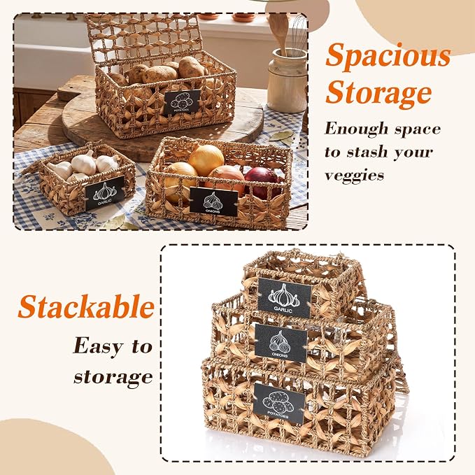 Set of 3 Kitchen Vegetable Storage Potato Onion Garlic Storage Bins with Lid and Label, Handwoven Wicker Pantry Organizer Keeper Containers Baskets for Countertop Cabinet Farmhouse Decor - Image 5