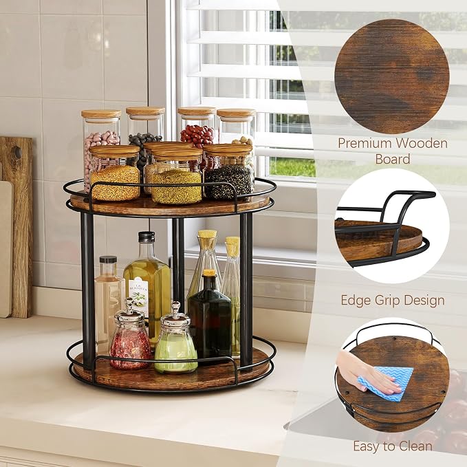 LAMU 12'' Wood Lazy Susan Turntable Organizer for Cabinet, 2 Tier Lazy Susan Spice Rack Organizer for Kitchen, Table Top, Countertop, Pantry, Bathroom - Image 2