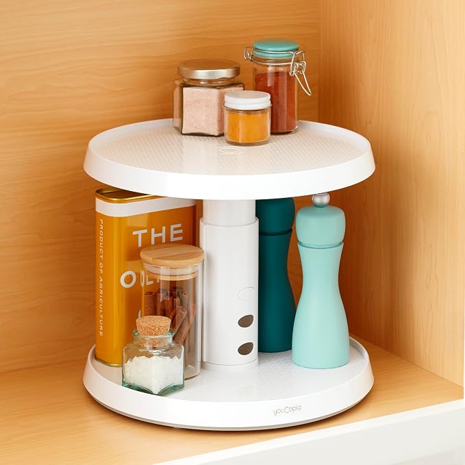YouCopia Crazy Susan Two-Tier Turntable, Height-Adjustable Lazy Susan Organizer for Kitchen Cabinet and Pantry Organization and Storage, White - Image 8