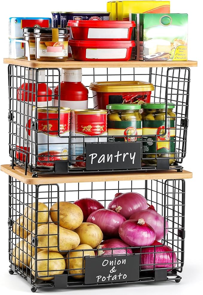 2 Set XL Stackable Wire Basket with Bamboo Tops & Tags- Pantry Organizer and Storage Bins, Kitchen Counter Cabinet Shelf Countertop Under Sink Organizing, Food Snack Produce Onion Potato Bread Storage - Image 7