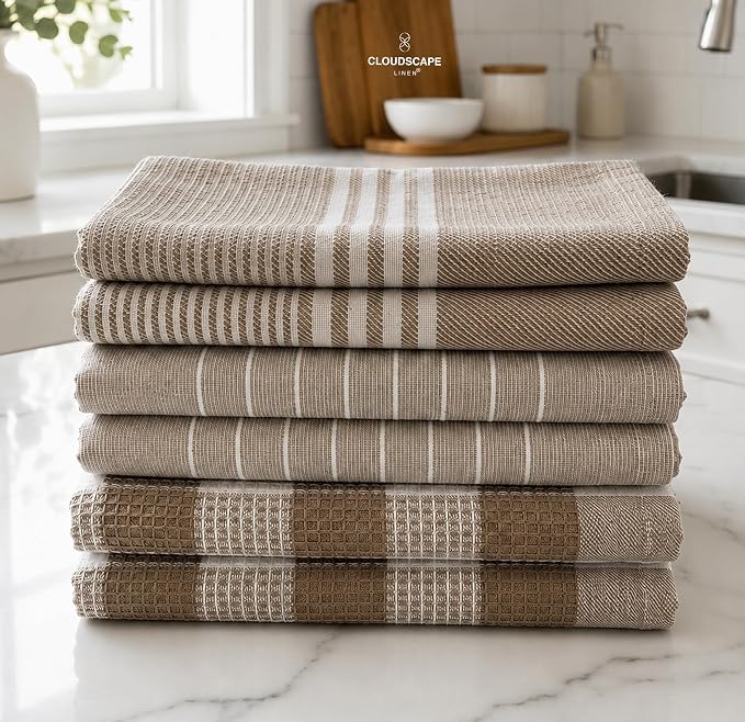 CSL Premium Kitchen Towels Set of 6,Highly Absorbent,Quick Dry,18x28,Beige by CloudScapeLinen