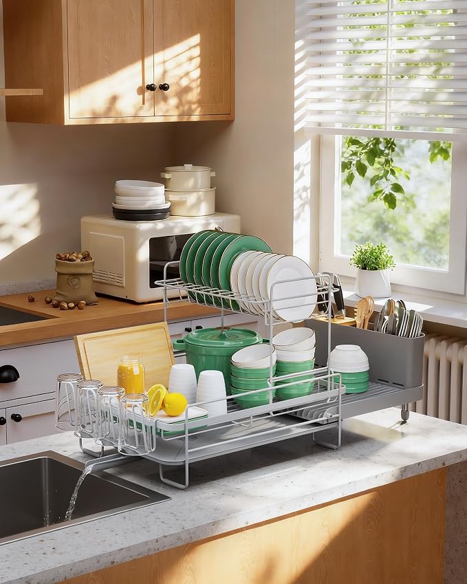Kitsure Extendable Dish Drying Rack, 19.2"-26.7" L x 12.9" W, 2-Tier | Large Dish Rack, Multifunctional Dish Rack for Kitchen Counter, Anti-Rust Dish Drainers with Cutlery & Cup Holders,Grey - Image 8