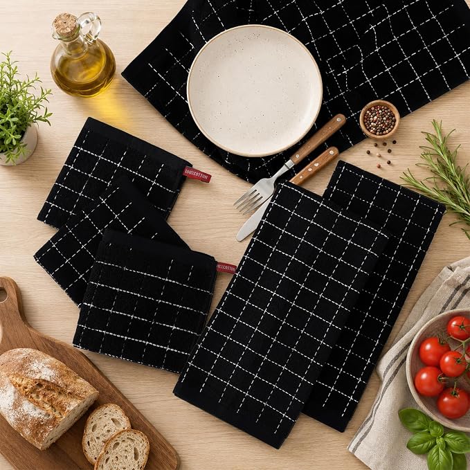 Kitinjoy 100% Cotton Terry Kitchen Dish Cloths, 12”x 12”, 8-Pack, Black | Ultra Soft and Absorbent Dish Towels for Kitchen, Suitable for Drying and Washing Dishes - Image 3