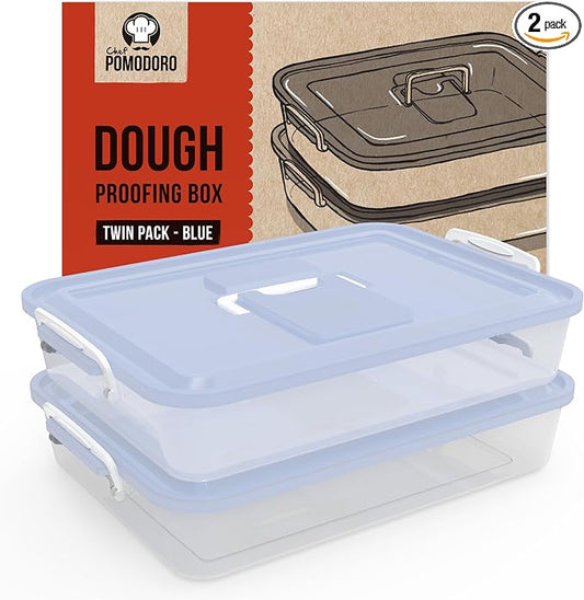 Chef Pomodoro Dough Proofing Box 14x11-In, 4-6 Proofing Balls, Blue 2-Pack | Household Pizza and Bread Dough Preparation Container With Lid, Featuring a Convenient Carry Handle for Easy Daily Carrying by ChefPomodoro