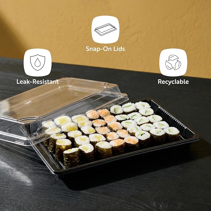 Restaurantware Plastic Sushi Trays 100 Pack of 10 x 7.2 x 1.77 Inch With Clear Lids Leak-Resistant Sushi Take Out Boxes Stackable Containers For Grab-And-Go - Image 4