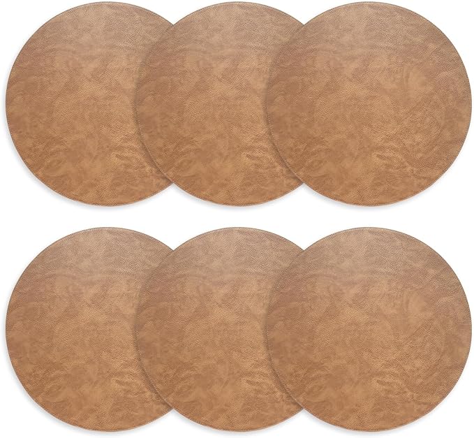 Placemats Set of 6 – Round 15” Faux Leather Table Mats for Dining, Heat Resistant & Non-Slip Washable Table Decor, Indoor, Outdoor, Dining Table Set for 6, Modern Kitchen & Holiday Use, Camel - Image 2