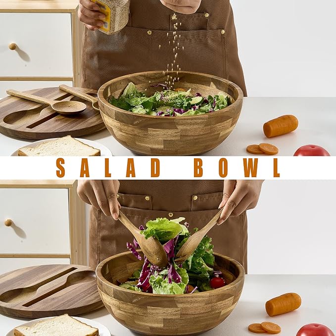 JOYMAY Salad Bowls Wood Salad Bowl Set with Lid Acacia Wood Serving Bowl for Fruits or Salads 10.5" Large Serving Bowl with Serving Utensils, 4 Piece Wooden Mixing Bowl Set for Kitchen, Picnic - Image 5