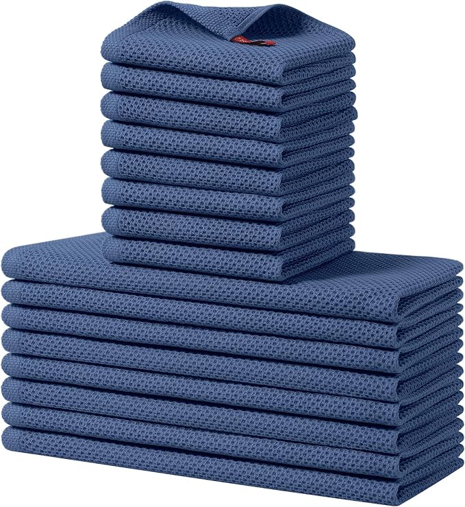 Homaxy 16 Pack 100% Cotton Kitchen Towels and Dishcloths Set, Navy Blue | 12 x 12 Inches and 13 x 28 Inches Kitchen Towels Set, Ultra Soft Absorbent Dish Cloths for Washing Dishes by Homaxy