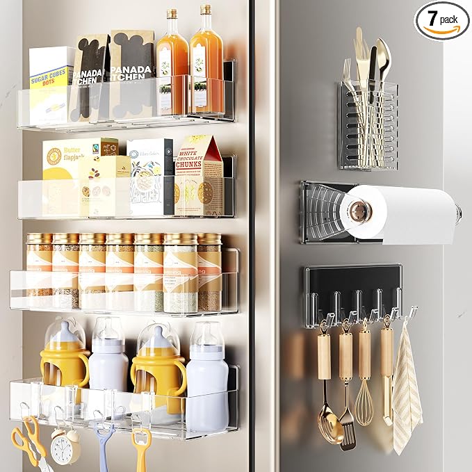 Mystozer Magnetic Spice Rack for Refrigerator,7 Pack Magnetic Shelf,Fridge Magnet Organizer with Paper Towel Holder,Utensils Racks,Hook Rack,Fridge Organizers and Storage Clear(7 Pack) by Mystozer