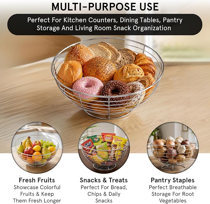 Metal Fruit Basket for Kitchen Counter, Chrome | Metal Fruit & Vegetable Storage Basket, Easy to Assemble, Kitchen Countertop Fruit Bowl - Image 6