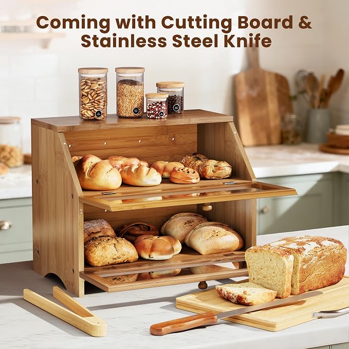 MAISONPEX Double Layer Bamboo Bread Box for Kitchen Countertop, Large Capacity, Cutting Board, Stainless Steel Bread Knife, Double Layer Storage Container with Clear Windows, Walnut - Image 2