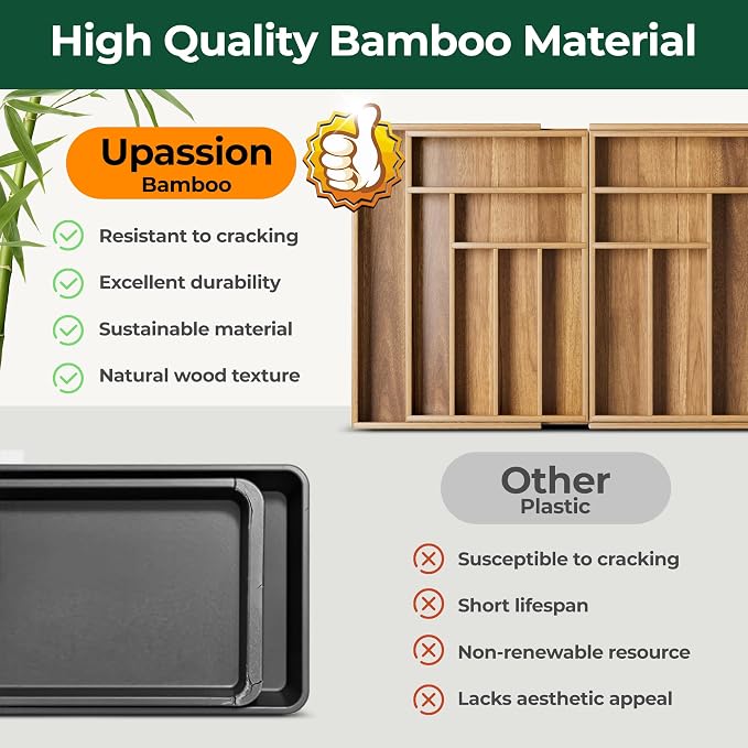 Large Silverware Organizer, 13 Slots Magnetic Connected Expandable Acacia Wood Utensil Drawer Organizer From 21 to 37.4 Inches, Adjustable Flatware and Cutlery Holder, Utensil Tray for Kitchen Natural - Image 5