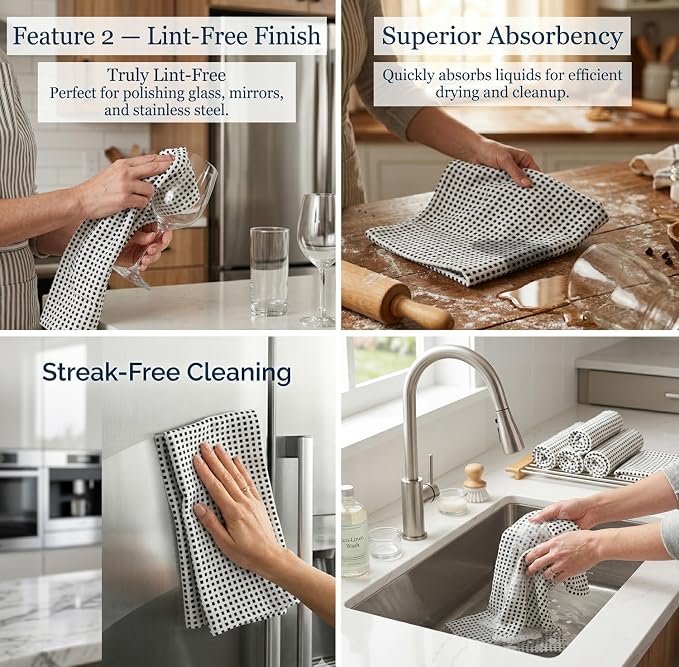 Urban Villa Christmas Dot Check Kitchen Towels Set of 6 20X30 Inches 100% Cotton Highly Absorbent Kitchen Towels Premium Quality Ultra Soft Mitered Corners Towels Black/White - Image 7