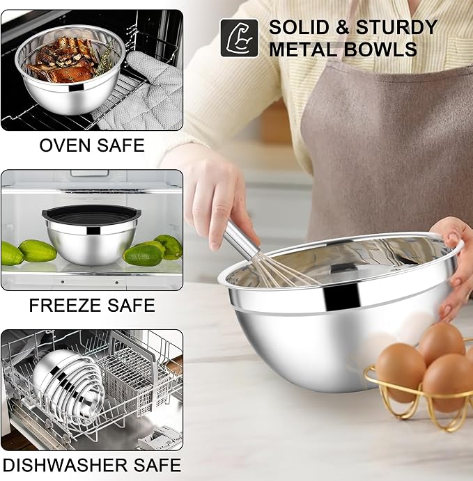 E-far Mixing Bowls with Lids Set, 7-Piece Stainless Steel Metal Mixing Bowls with 3 Grater Attachments, Size 4.6, 3.5, 2.6, 2, 1.5, 1, 0.7QT, Nesting Design & Black Airtight Lids, For Baking/Cooking - Image 6