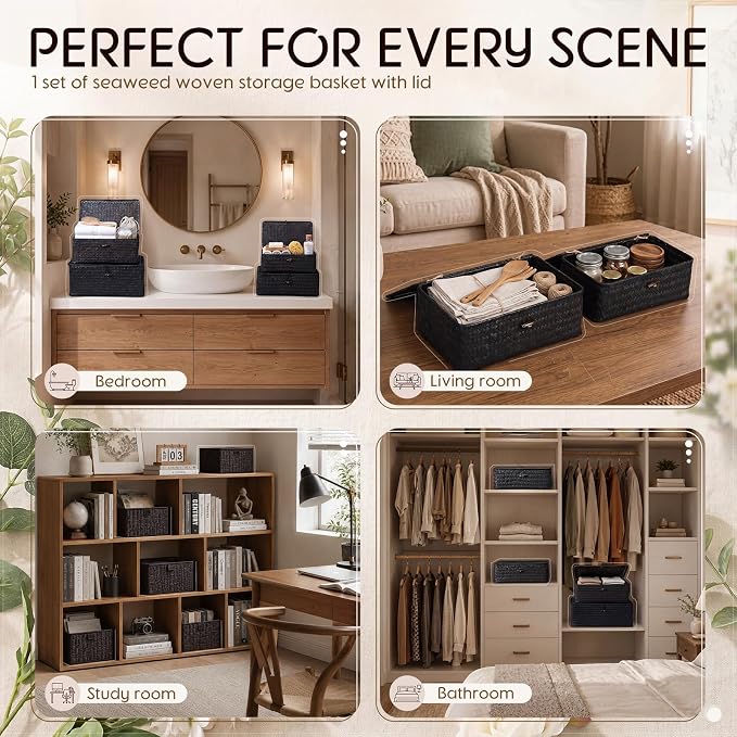 Woanger Set of 4 Wicker Baskets with Lids, Nautral Seagrass Storage Baskets, Woven Rectangular Basket Bins, Rattan Storage Organizer for Shelf Closet Bedroom(Black) - Image 7