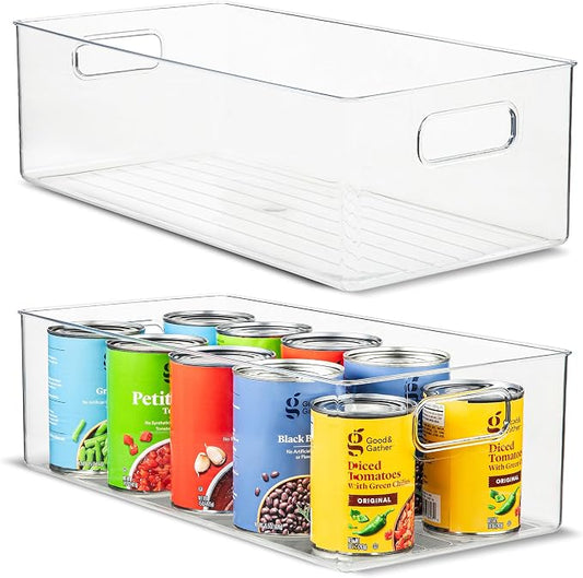 Plastic Food Storage 2 Pack Clear Container Bin with Handles for Organizing Kitchen, Pantry, Refrigerator, Freezer, Pantry, Cabinet, Closet, Bathroom. 14”x8”x5” by primebox