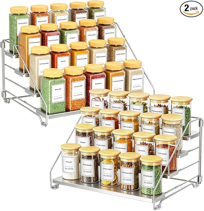 RCHYFEED 2 Pack 4 Tier Spice Rack Organizer,Adjustable Spice Rack,Chrome | Easy Visibility, Vertical Space Saving Organizer for Cabinet, Countertop, Kitchen, Pantry and Bathroom by RCHYFEED