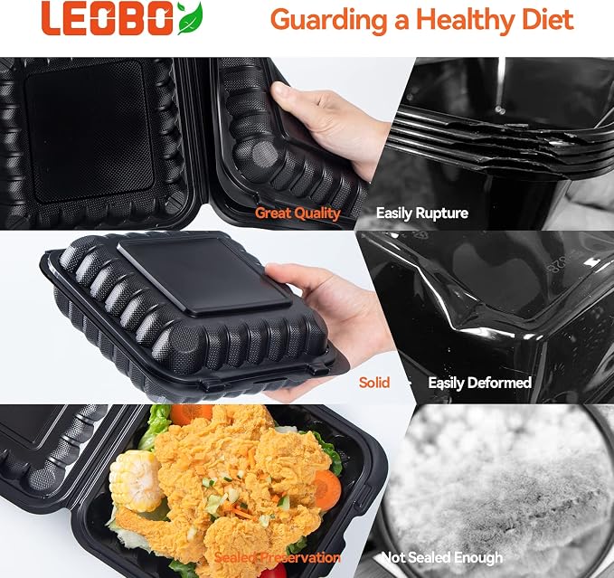 8 Inch 34oz 55-Pack Black To Go Boxes - Shrink Wrapped No Pre-Wash | BPA Free Sturdy Reusable & Elegant | Microwave Safe for Hot Meals, Leftovers & Events | Disposable Takeout Food Containers - Image 4