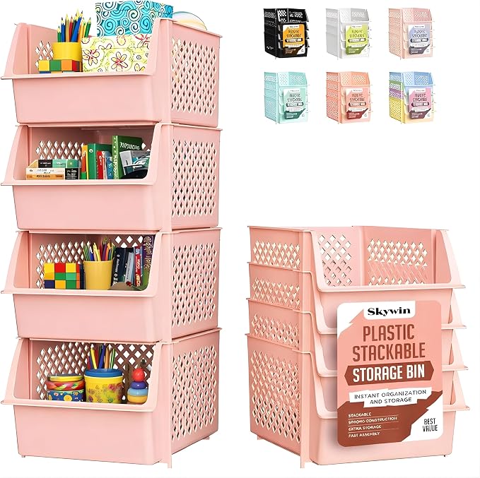 Skywin Stackable Storage Bins Open Front for Pantry Storage, 4 Pack - Cream | Sturdy Plastic, Easy Stacking, Open Front Access, Ventilated Sides, Vertical & Space Saving Pantry Organizers and Storage Bin by Skywin
