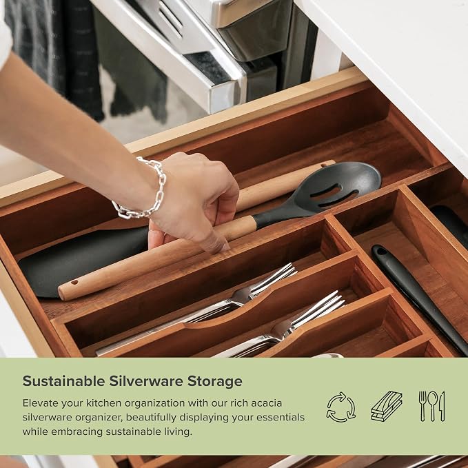 Silverware & Utensil Drawer Organizer, 10.5-19 in, Acacia | Cutlery, flatware, food-safe contract grade, kitchen drawer fit - Image 5