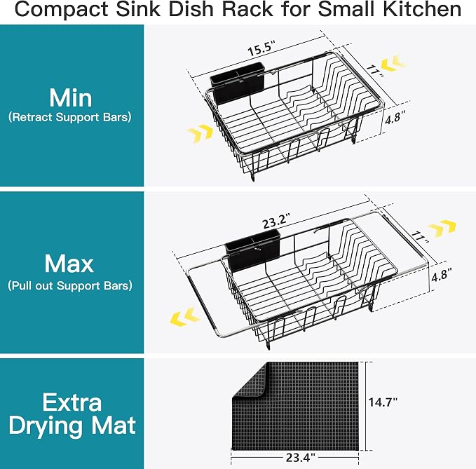 JASIWAY Black Dish Drying Rack in Sink with Mat, Cups and Utensil Holder | Use Over the Sink or Counter, Stainless Steel Expandable Dish Drainer for Small Kitchen, Space Saving, Fast Drain, Rustproof - Image 6