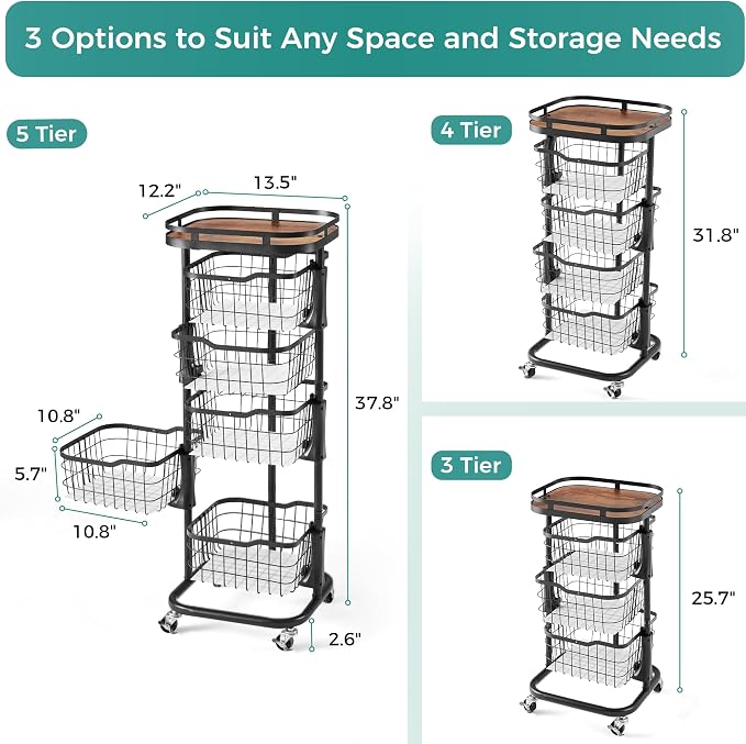 5 Tier Rotating Kitchen Storage Cart, Fruit Vegetable Potato Rack Stand | Patented Swivel Part Spin Smoothly Even Full. Rustproof. One-Piece Wire Bin Prevent Sagging. Keep Onion, Veggie, Spices Fresh - Image 6