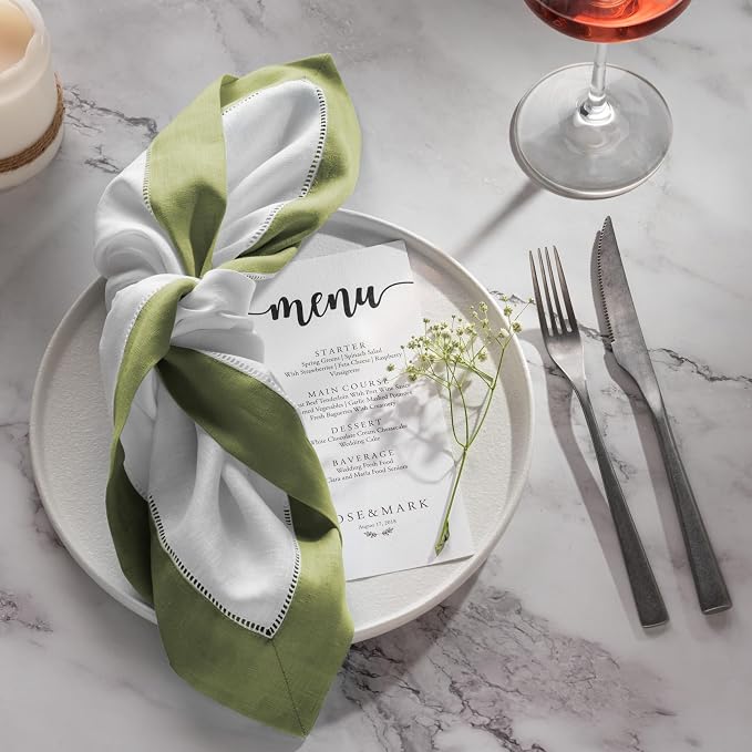 Linen Napkins 20 x 20 inch - 100% Pure Linen White and Olive Green Dinner Napkins Set of 4 - Hemstitch Napkins Cloth Washable for Fall and Thanksgiving Decor - Image 2