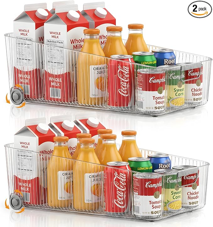 2 Pack Fridge Organizer Bins with Wheels, Clear Roll Out Refrigerator Drawers with Adjustable Dividers and Handles, PET Pantry Storage Bins for Drinks, Snacks, Cans and Cabinet by OZEPLASC