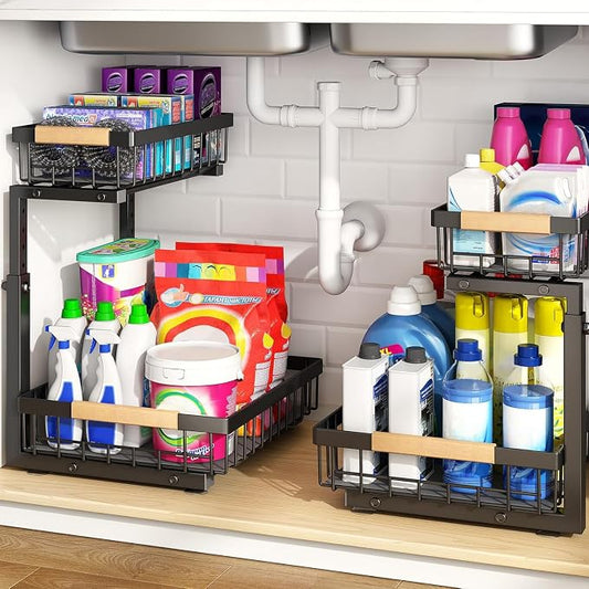 PXRACK Under Sink Organizer, Adjustable Height, 2 Tier Pull Out Under Cabinet Organizer, Slide Out Thickened Metal Under Sink Storage for Kitchen Bathroom Laundry Pantry Cabinet, Black, Large-2-Pack by PXRACK
