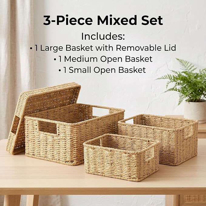 Wicker Storage Basket with Lid for Shelves, 3-Basket Set, Natural | One rectangular wicker basket with lid and two open baskets for decorative shelf storage; removable lid flips into a tray. - Image 3
