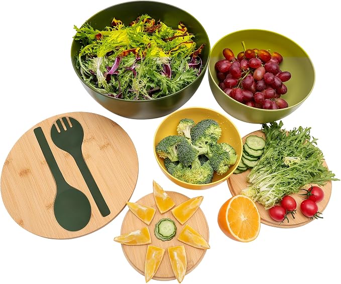 ECOWAY Salad Bowls Set of 3 with Lid & Serving Utensils, Colorful Serving Bowls, Bamboo Fiber Salad Bowls with Bamboo Lid, Kitchen Bowls for Salad, Kitchen Eating, Pasta, Popcorn, Fruit (3 Colors) - Image 2